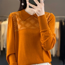 时尚减龄POLO领长袖纯色上衣女法式钉珠翻领套头打底针织衫毛衣潮，女装羊毛衫，宛庄羊绒