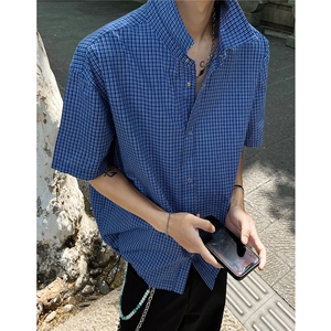 图主推 蓝色格纹抽绳短袖衬衫cleanfit短款上衣男 H1095特P45图片