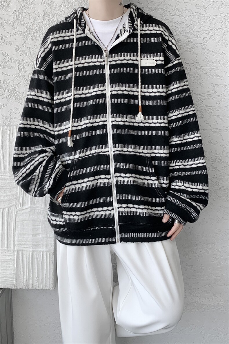 8XL-M潮情侣美式磨毛编织条纹针织衫卫衣宽松拉链外套WY30P88,男装针织衫/毛衣,电商D206-1