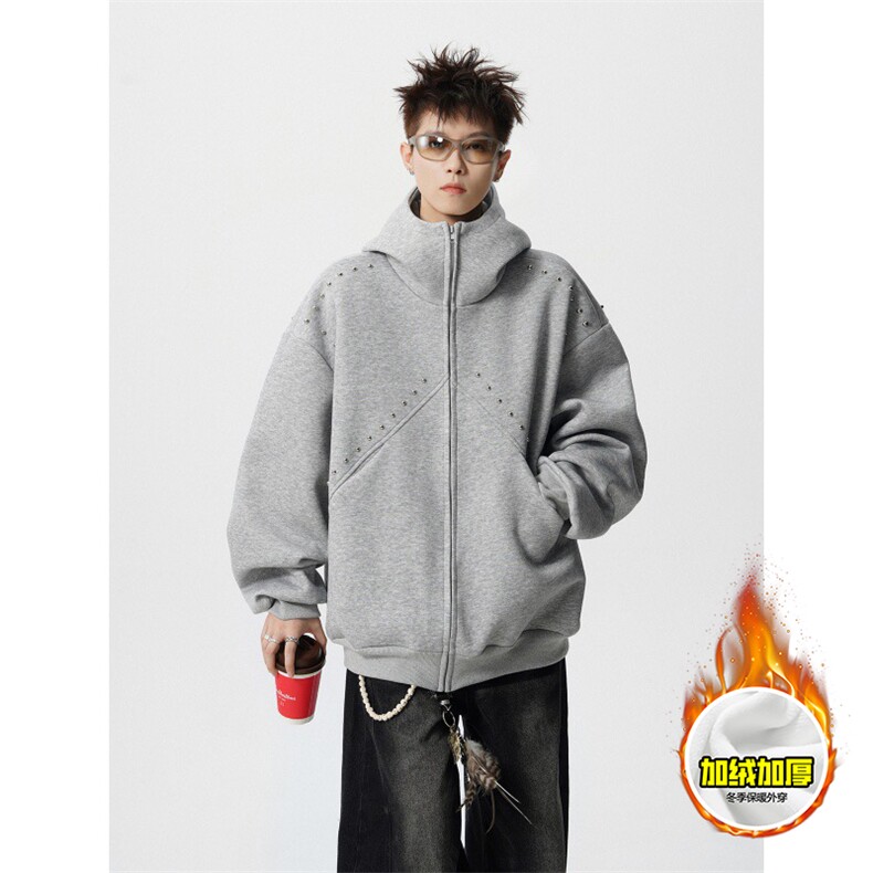 480G重磅加绒硬挺boxy男女秋冬美式高街卫衣铆钉拼接开衫厚外套，女装短外套，电商A486