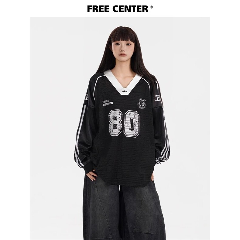 美式复古长袖T恤男女宽松拼接字母印花网眼透气衣服TPA06-P52，男装T恤，星座208-5