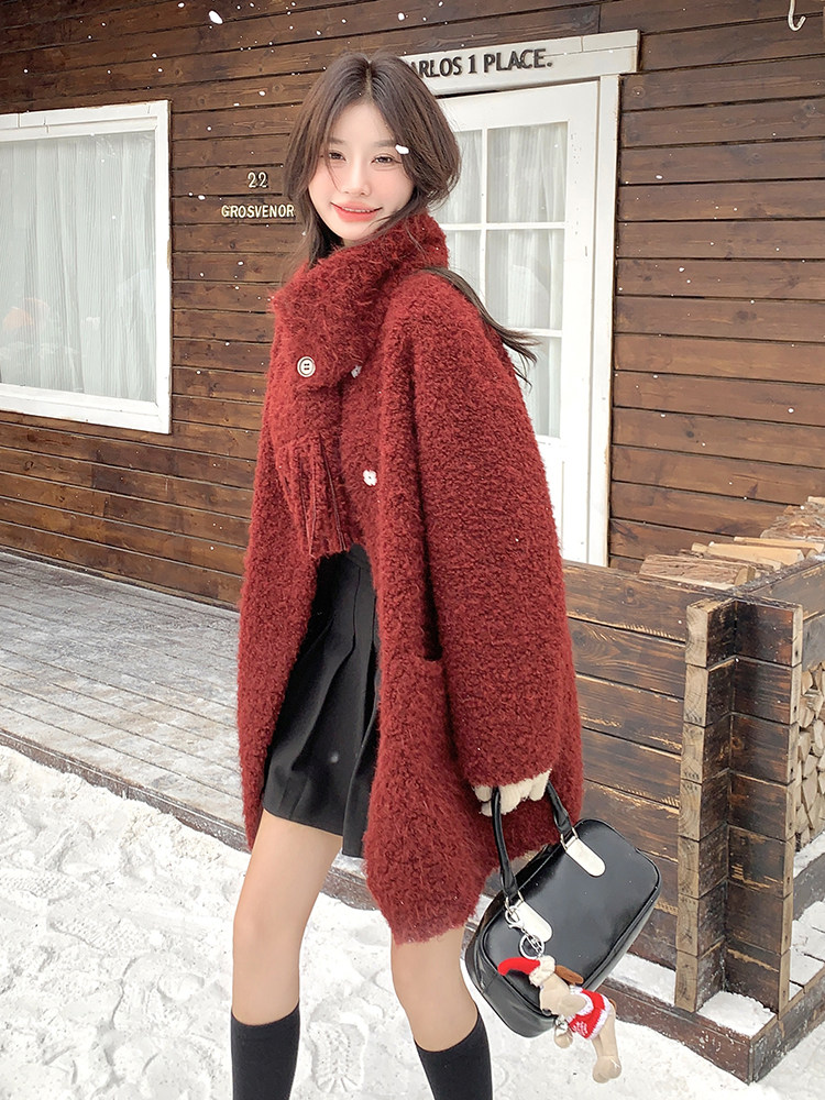 安可拉红围巾款皮毛一体羊羔毛外套女冬加厚棉服6092P225k328,女装棉衣/棉服,维壹