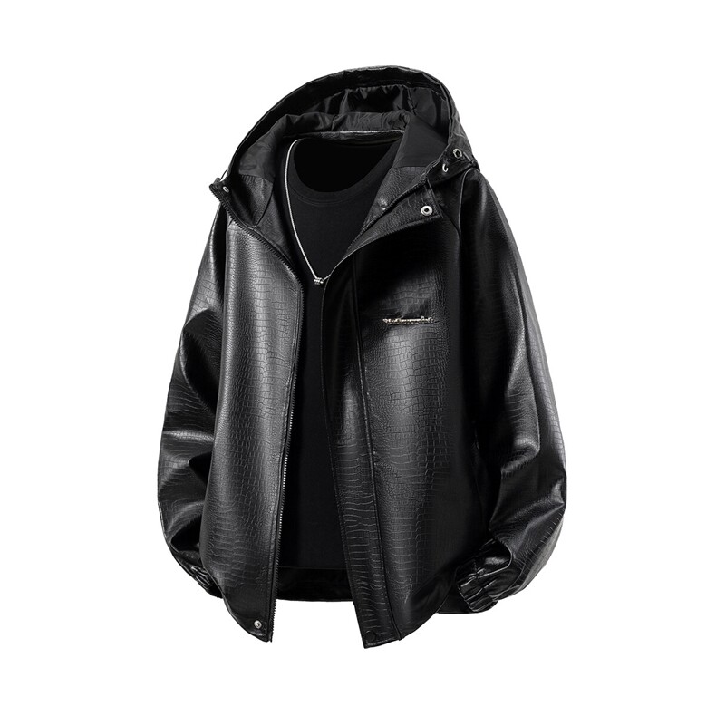 立体白底连帽鳄鱼纹PU皮衣大码M-5XL冲锋衣夹克男JK8744P90控128图片
