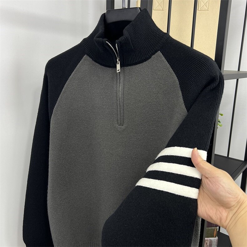 网图76303-P70加厚毛衣男半拉链加厚宽松针织打底衫男拼接撞色,男装针织衫/毛衣,电商D310B