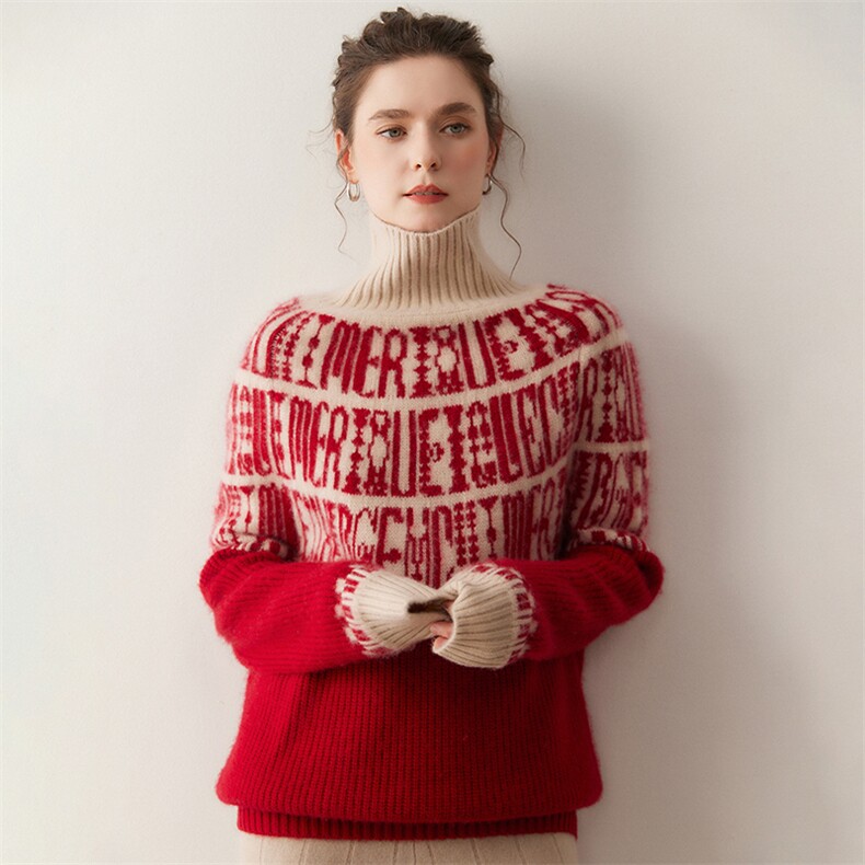 显白宽松慵懒山羊绒衫女厚毛衣2025秋冬高领针织羊毛衫红色，女装针织衫/毛衣，溪贝羊绒
