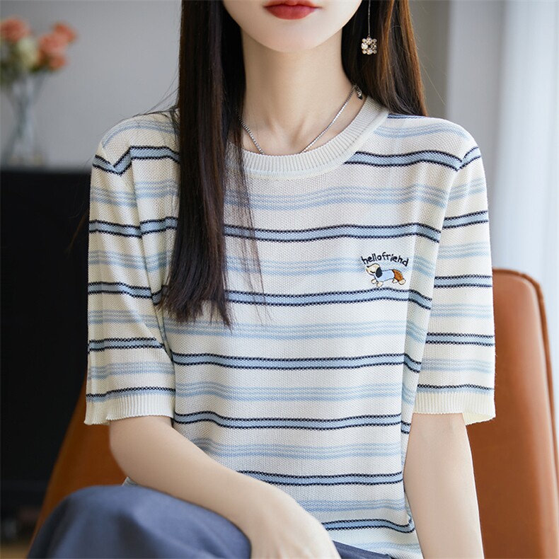 100%莱赛尔天丝针织短袖女圆领条纹刺绣小狗宽松T恤拼色显瘦上衣,女装T恤,郡淞羊绒