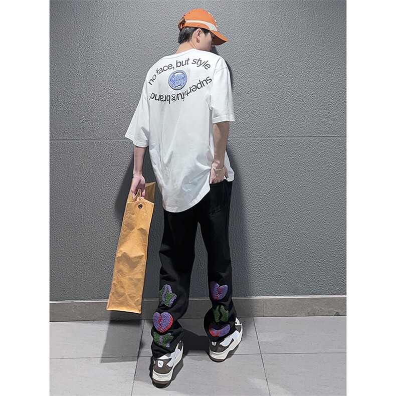 B221美式ins高街暗黑小众情侣毛巾绣直筒牛仔裤LK23021-P65控88，男装牛仔裤，电商B221