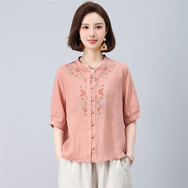 新中式苎麻衬衫女2025夏刺绣减龄高端休闲五分袖中年妈妈小衫上衣,女装衬衫,忆绮罗