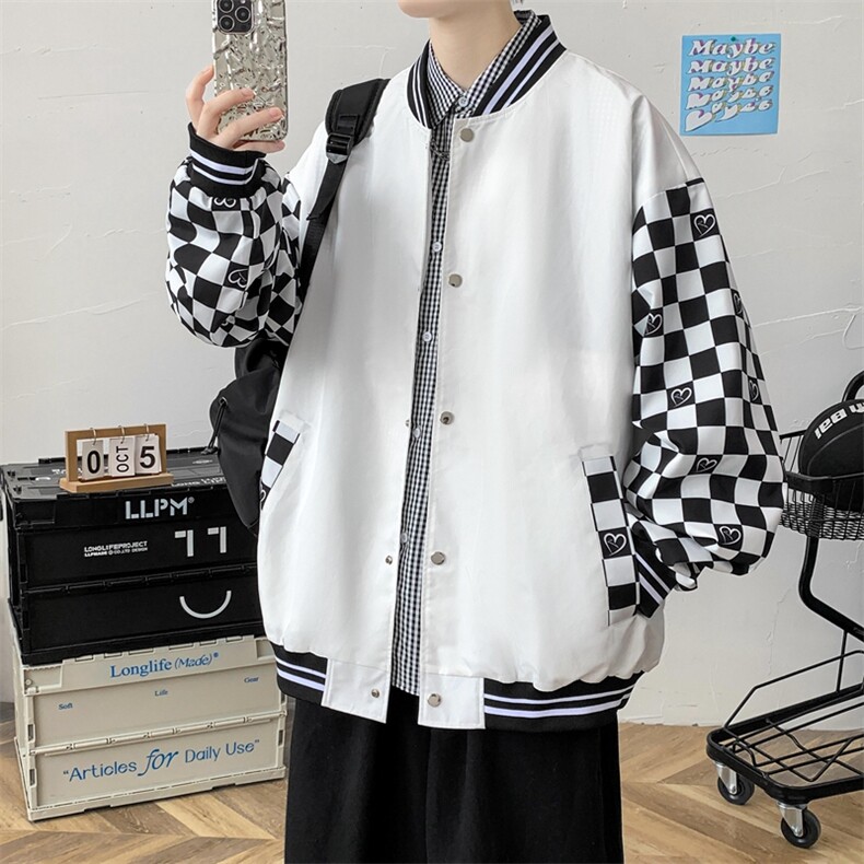 秋季美式潮流格子拼接棒球服外套男宽松夹克情侣上衣JK02226-P65,男装夹克,星座308B-1