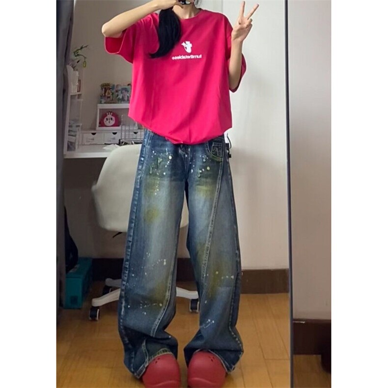 水洗解构脏染泼墨牛仔裤男款小众设计感高街拖地做旧阔腿长裤,男装牛仔裤,星座601-1