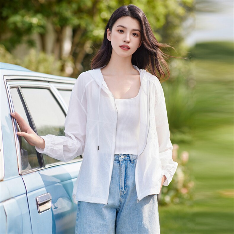 【现货】白色连帽防晒服女2024夏季清薄纯色凉感外套,女装防晒衣,梦懿尔
