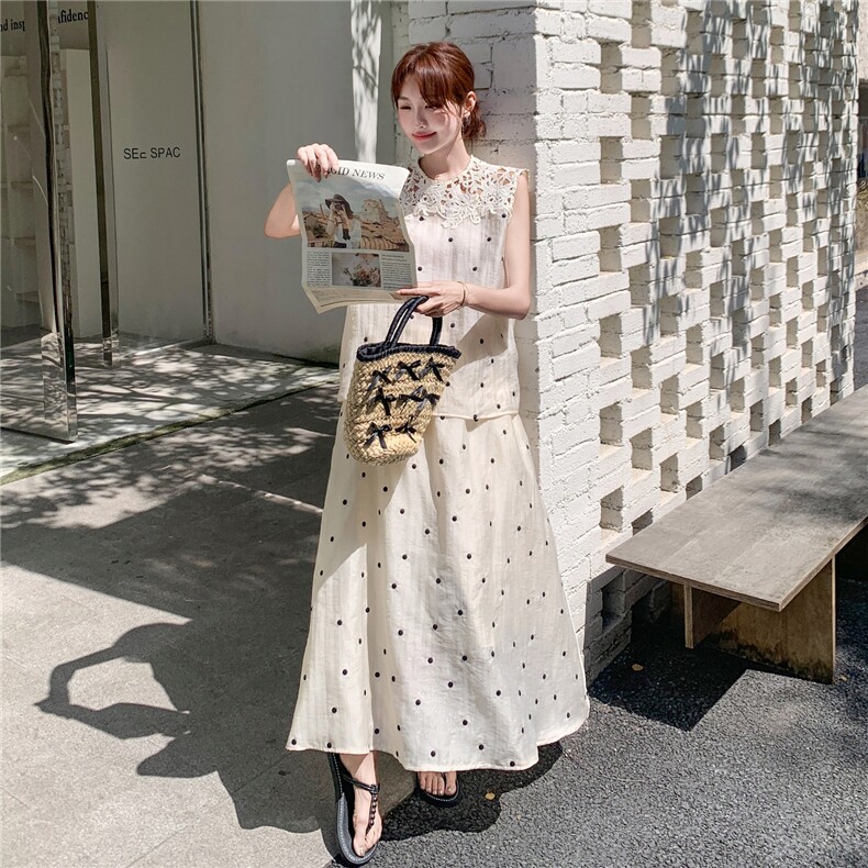 蕾丝拼接波点套装裙女夏2025新款无袖衬衫上衣两件套流行巨好看,女装套装/套裙,2C272