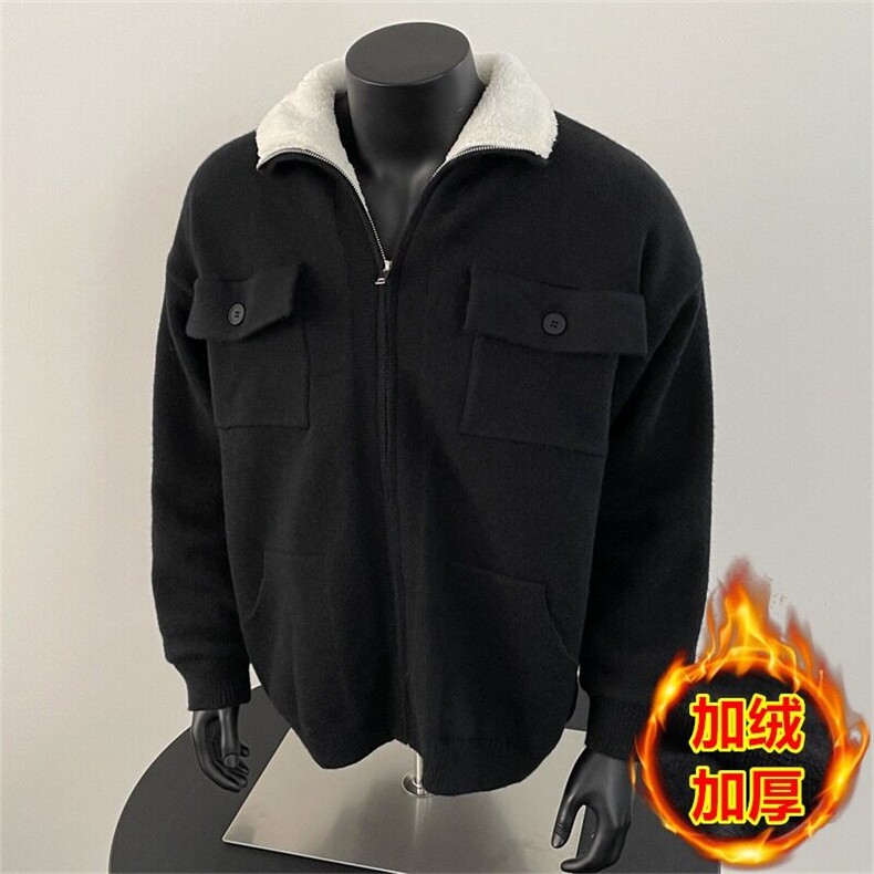 复古羊羔绒翻领针织夹克开衫工装外套男慵懒保暖棉衣MT26，男装针织衫/毛衣，星座1116A（原606A-3）