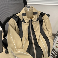 得物品质秋款男皮衣拼色工装拉链条纹拼色宽松夹克外套JK926P100，男装夹克，星座1013-1