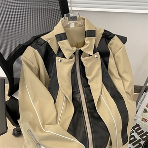 得物品质秋款男皮衣拼色工装拉链条纹拼色宽松夹克外套JK926 P100图片