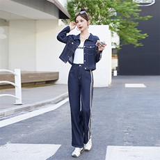 港风复古洋气时尚工装牛仔小外套长裤套装2023春秋季设计感新款女，女装套装/套裙，艾仟回(原伊仟回)