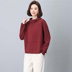 中年妈妈洋气减龄连帽卫衣女春秋装短款宽松大码胖mm拼接长袖上衣，女装卫衣/绒衫，阿丹