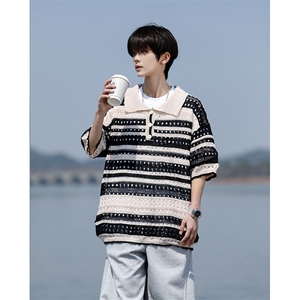 8XL-M 特大码美式复古条纹撞色针织POLO衫翻领休闲短袖TDX311P35图片