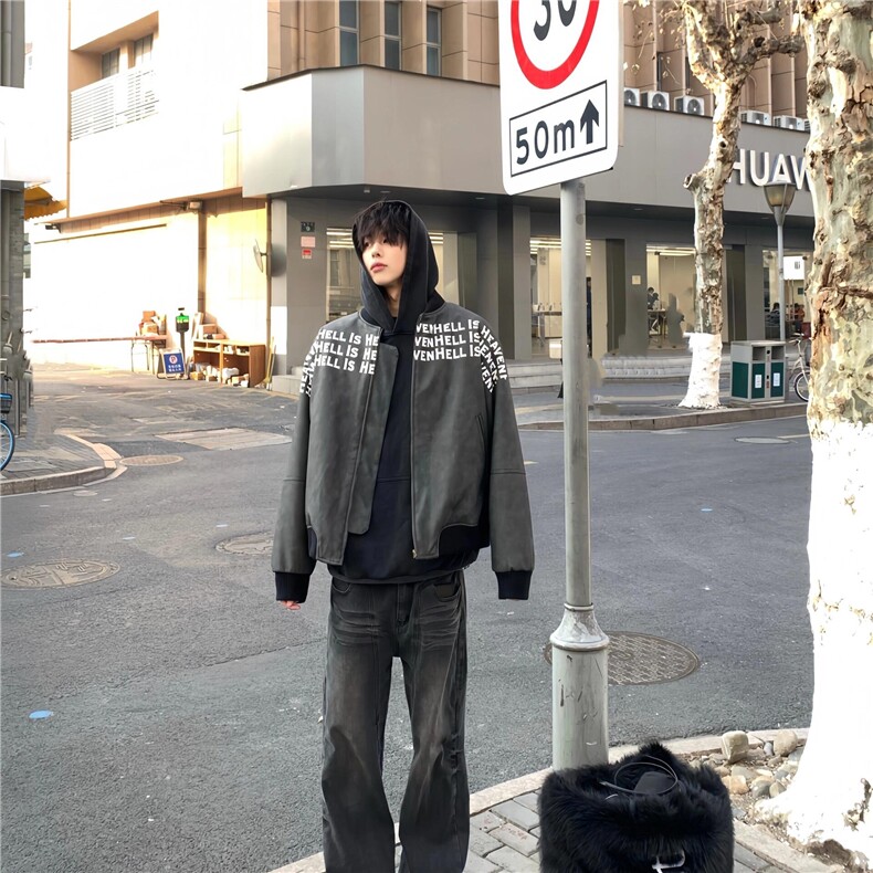 棒球领PU皮衣外套男春秋新款美式高街字母满印痞帅宽松夹克JK687,男装夹克,星座1116A（原606A-3）