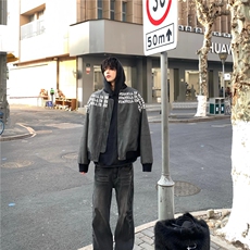 棒球领PU皮衣外套男春秋新款美式高街字母满印痞帅宽松夹克JK687，男装夹克，星座1116A（原606A-3）