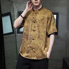 新款风立领醋酸绸缎烫金印花改良茶禅汉服新中式衬衫31225，男装衬衫，星座305A（原312A-1）