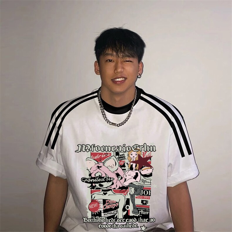夏季美式高街重磅纯棉三条杠织带撞色男女短袖T恤ZD572-特P30图片