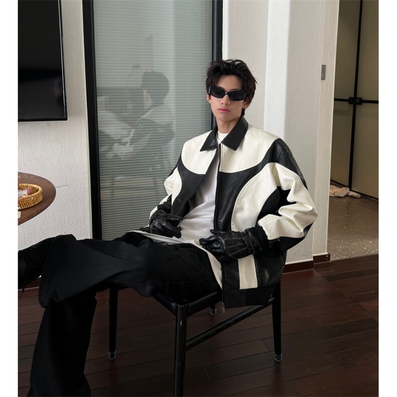 复古拼色皮衣外套男秋潮牌街头vintage机车服夹克衫百搭男MF52P75,男装夹克,电商D256A(原A064A)