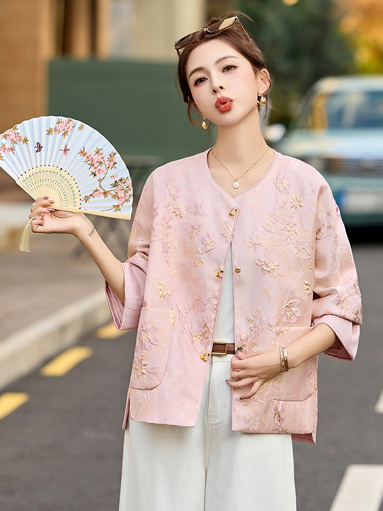 粉色小香风圆领提花外套女2025春季新款今年流行新中式小西服上衣,女装短外套,美沁