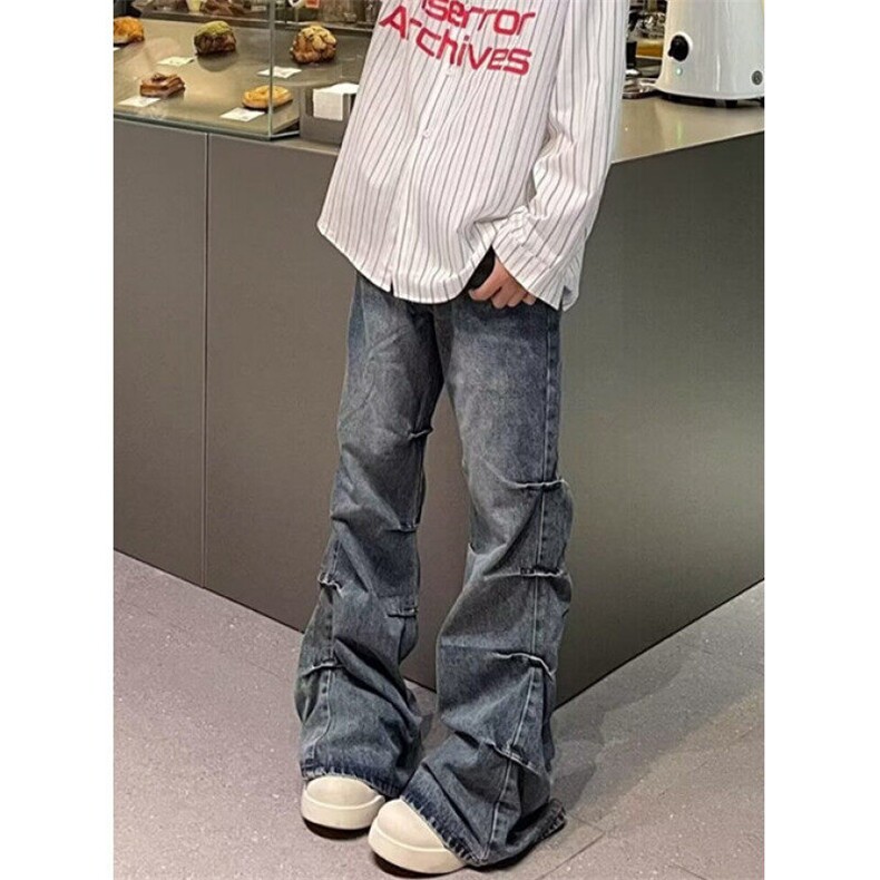 美式复古水洗褶皱设计感牛仔裤男宽松时尚微喇牛仔裤NB51,男装休闲裤,星座1116A（原606A-3）