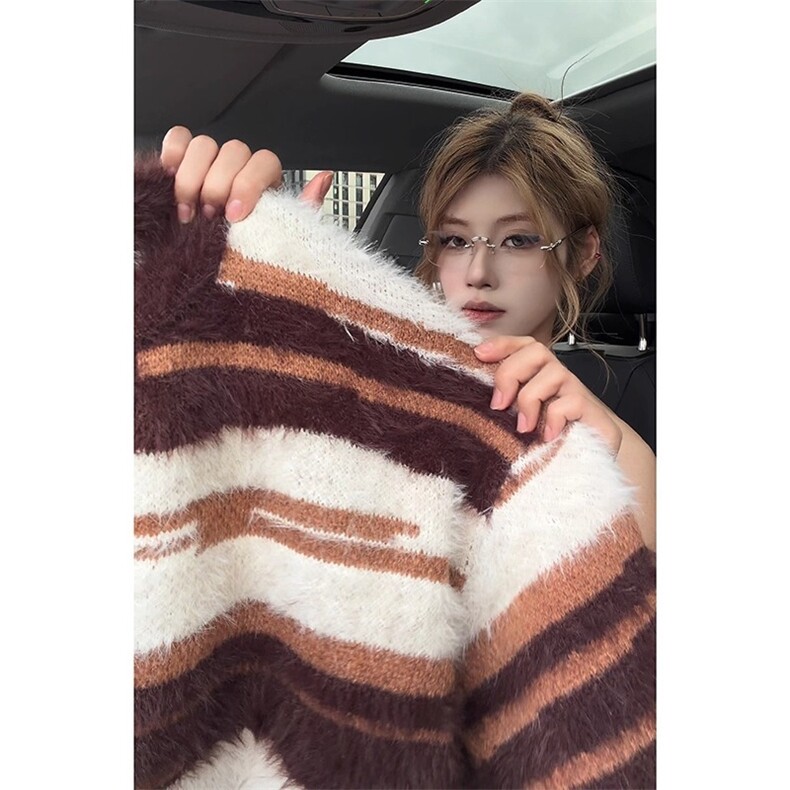 美式马海毛条纹毛衣男女秋冬宽松慵懒氛围感情侣针织衫LZ100-P58,男装针织衫/毛衣,星座1008