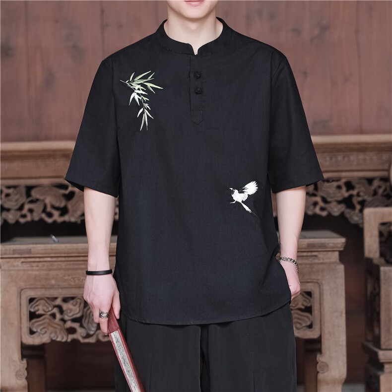 夏季现货T恤刺绣青年五分袖透气休闲盘扣风大码短袖TZ84AP55,男装T恤,电商A021A