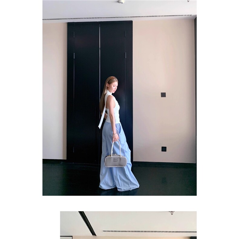 美式复古字母刺绣休闲条纹阔腿裤女夏季绑带伞兵裤,女装休闲裤,星座1210-1