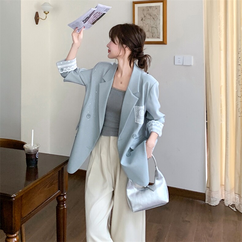 小香风蕾丝拼接西装外套女2025春季新款气质显瘦百搭休闲西服上衣,女装西装,1D103