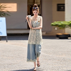 高级感蕾丝罩衫牛仔裤套装女2025新款夏季穿搭流行爆款气质一整套，女装套装/套裙，2B237