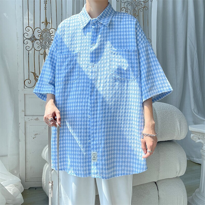 2026夏宽松潮男休闲五分袖衬衫半袖格子衬衣C900/P35蓝色3,男装衬衫,电商A094
