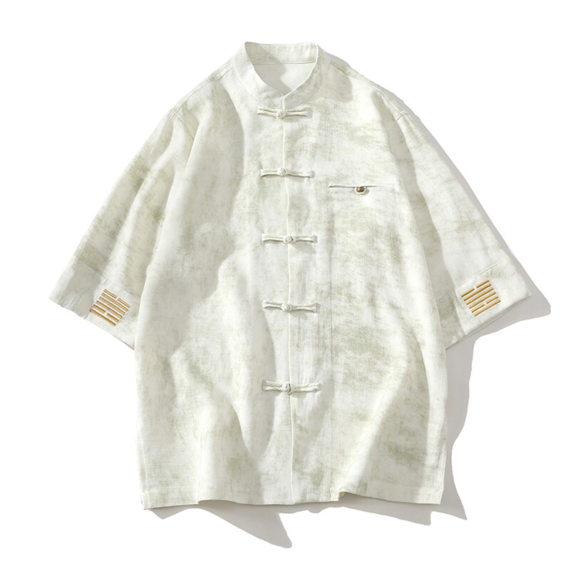 风铜扣盘扣刺绣中式立领衬衫透气开衫短袖潮A087-1-YM663P85，男装T恤，电商A087-1