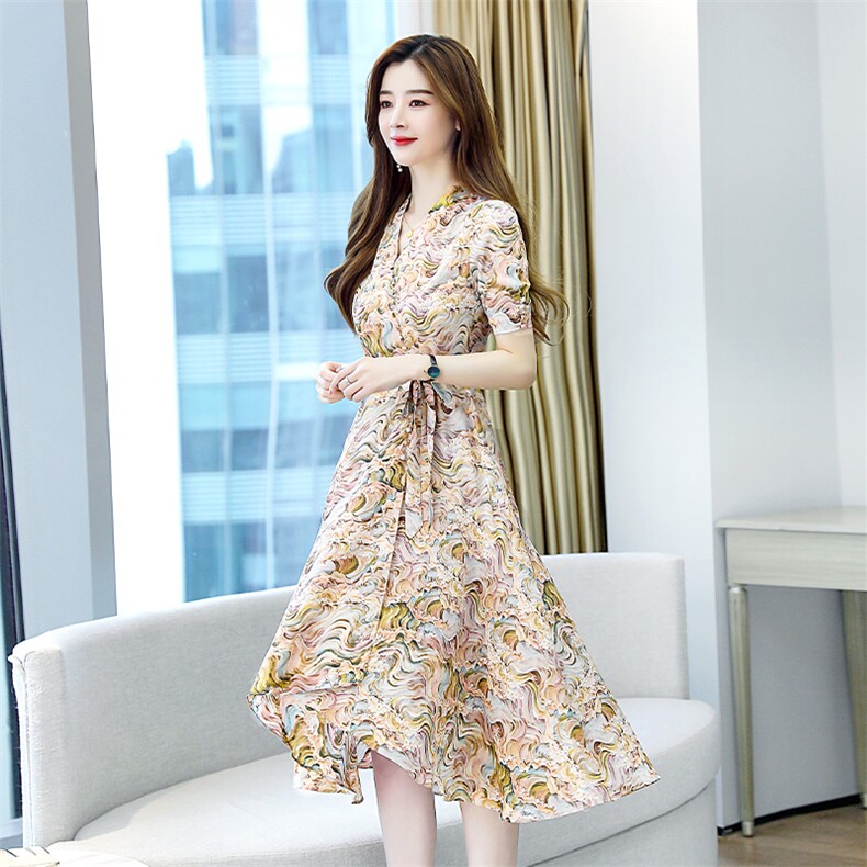 潮流优雅显瘦气质百搭韩版V领印花连衣裙2021夏季,女装连衣裙,贵人树