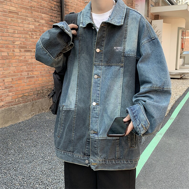 2023港风秋款男牛仔夹克字母印花拼色宽松休闲外套JK3328P70,男装夹克,星座1013-1