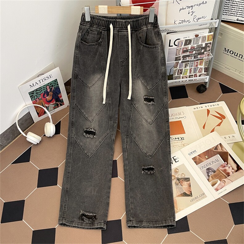 破洞牛仔裤美式复古水洗做旧宽松休闲百搭直筒裤，男装牛仔裤，星座410-6（原星座1304-1）