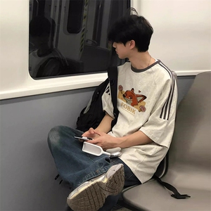 夏季美式高街重磅纯棉三条杠织带撞色男女短袖T恤ZD580-特P30