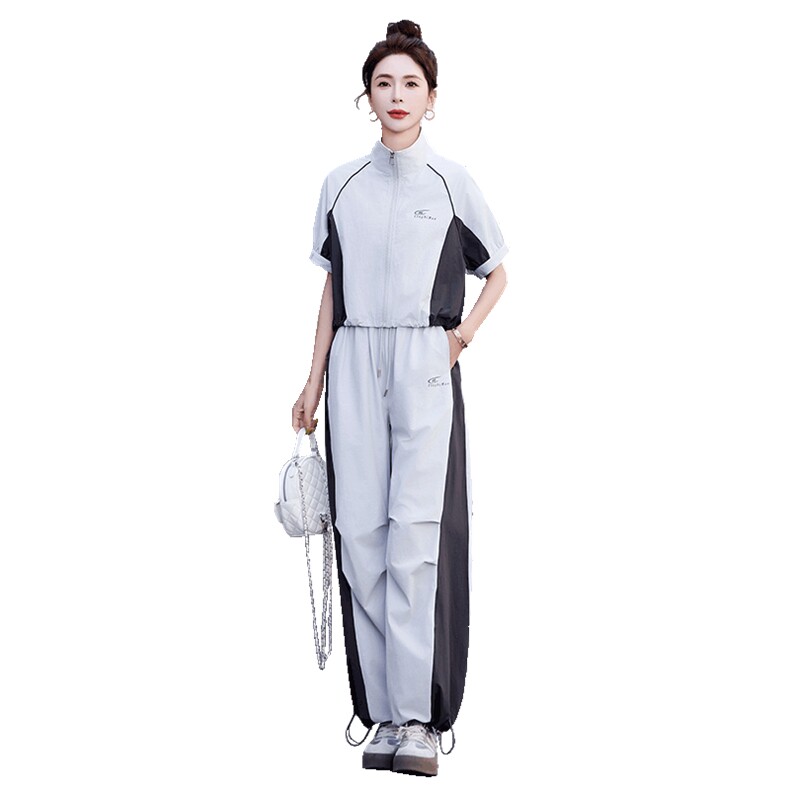 2026年夏季新款时尚翻领撞色拉链外套条纹背心抽绳阔腿裤三件套装,女装套装/套裙,红依一坊