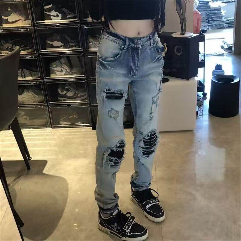 欧美高街潮牌新款复古浅色破洞牛仔裤男女补丁弹力修身小脚长裤子图片