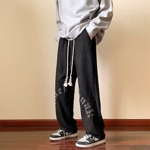 新款休闲裤秋季潮流复古鹿皮绒发泡字母宽松运动裤 C005*P28控58图片