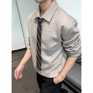 美式复古polo翻领卫衣男款春季老钱风领带长袖上衣宽松学院风外套图片