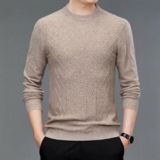 中年男士长袖纯羊毛春秋季男圆领薄款针织打底衫中老年爸爸装，男装针织衫/毛衣，电商B212（原钱塘6029）