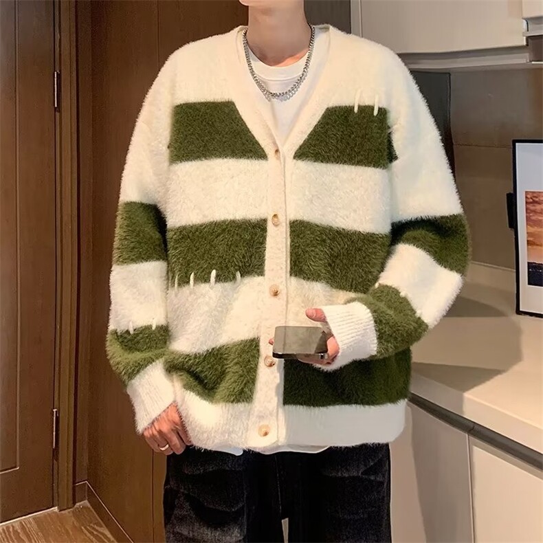 2023韩系学院风条纹撞色开衫毛衣男装春秋新款仿水貂毛小众针织，男装针织衫/毛衣，星座716-3