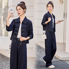 （新款现货）2026春装时尚休闲拉链天丝牛仔阔腿裤套装（两件套），女装套装/套裙，印象茜