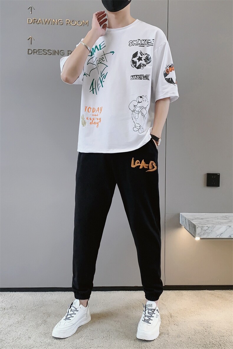 2023夏季新款潮流韩版宽松休闲T恤套装青少年时尚男装F306P68,男装休闲套装,电商A086