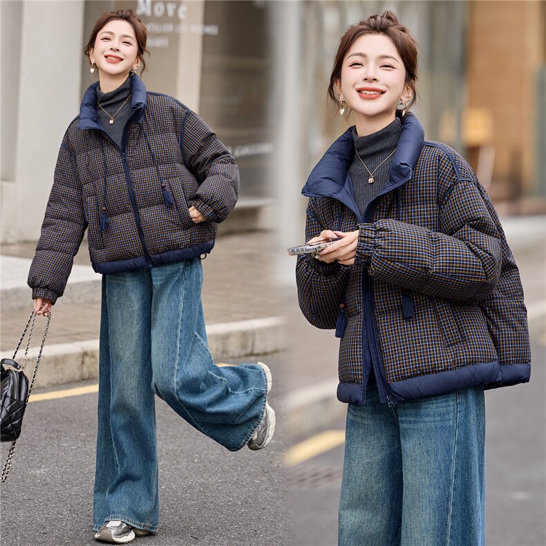 【现货现货】2025冬季新款格子羽绒服短款加厚保暖90白鸭绒面包服,女装羽绒服,一安秀
