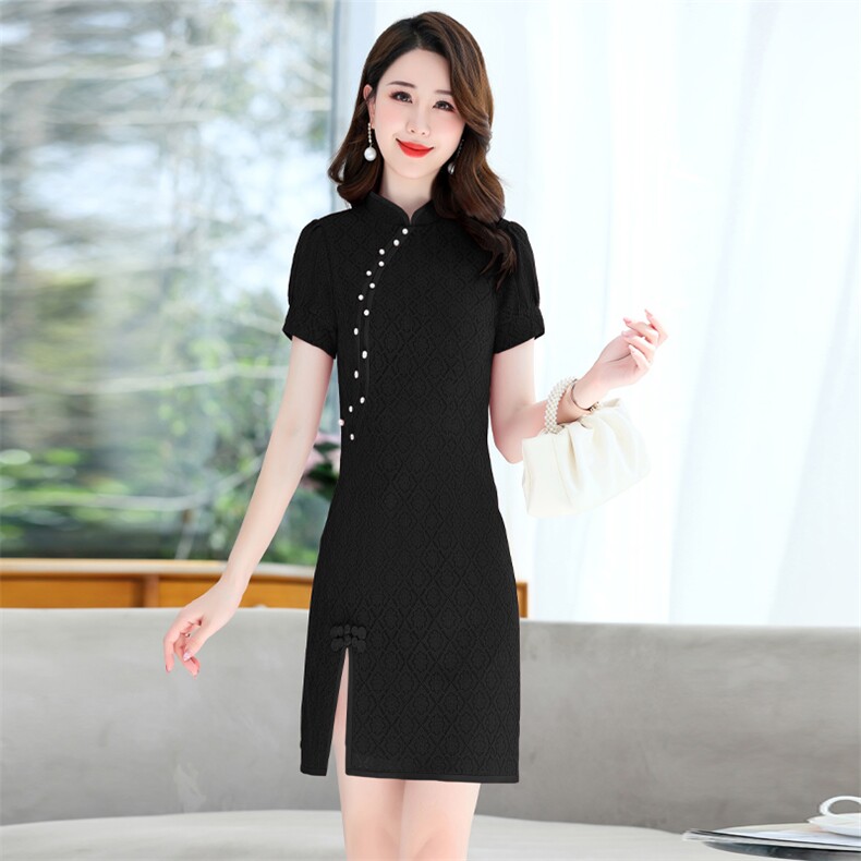 2023年夏季新款时尚提花蕾丝旗袍裙纯色连衣裙,女装连衣裙,鑫鑫美